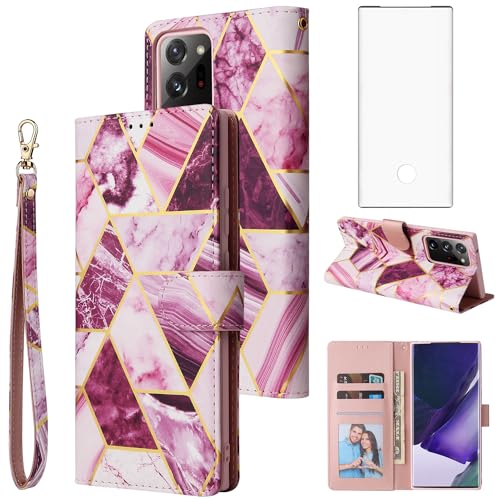 Asuwish Handyhülle für Samsung Galaxy Note 20 Ultra 5G Hülle mit Folie Schutzfolie und Kartenfach Klappbar Leder Geldbörse Ständer Cover Note20 Plus Handy Hüllen Marmor Schutzhülle Phone Case Lila von Asuwish