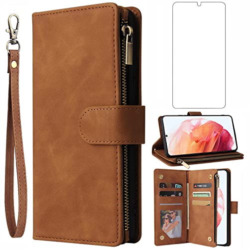 Asuwish Handyhülle für Samsung Galaxy S21 5G Hülle mit Folie Schutzfolie und Kartenfach Klappbar Leder Geldbörse Ständer Reißverschluss S 21 21S G5 Wallet Handy Hüllen Schutzhülle Phone Case Braun von Asuwish