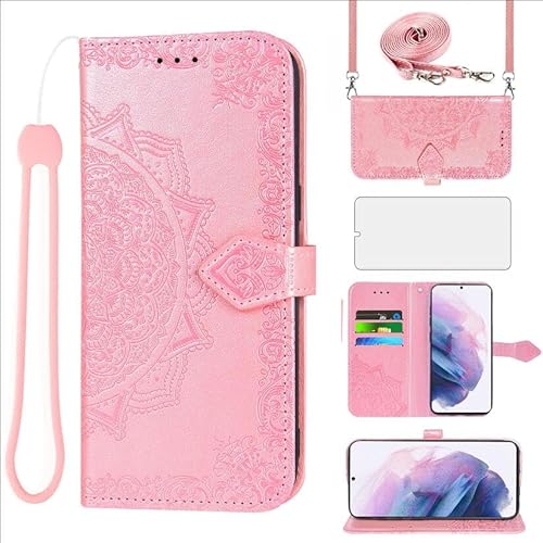 Asuwish Handyhülle für Samsung Galaxy S21 Plus 5G Hülle mit Band und Glas Folie Schutzfolie Kartenfach Klappbar Leder Geldbörse Ständer S 21 + S21+ S21Plus 21+ S21+5G Handy Mandala Phone Case Roségold von Asuwish