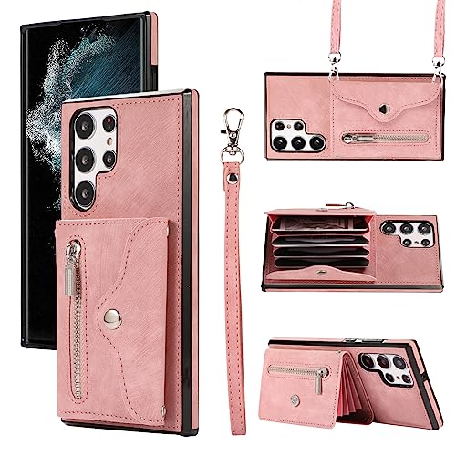 Asuwish Handyhülle für Samsung Galaxy S22 Ultra 5G Hülle mit Band Kartenfach Klappbar Geldbörse Ständer Handyhüllen Cover Leder S 22 S22Ultra 4G Handy Hüllen Schutzhülle Damen Phone Case Roségold von Asuwish