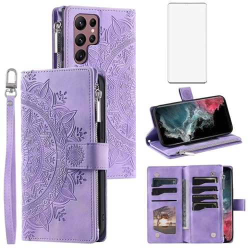 Asuwish Handyhülle für Samsung Galaxy S22 Ultra 5G Hülle mit Folie Schutzfolie Kartenfach Klappbar Leder Blumen Geldbörse Ständer Wallet Cover S 22 S22Ultra 4G Handy Hüllen Schutzhülle Phone Case Lila von Asuwish