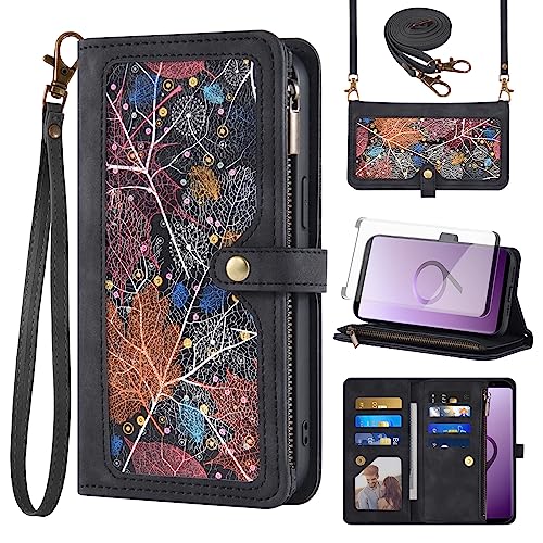 Asuwish Handyhülle für Samsung Galaxy S9 Hülle mit Band Folie Schutzfolie Kartenfach Klappbar Leder Geldbörse Ständer S 9 9S Edge SM-G960F Handy Hüllen Schutzhülle Schutzglas Wallet Phone Case Schwarz von Asuwish