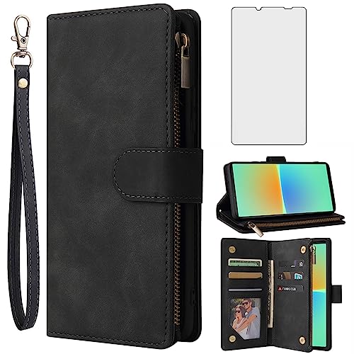 Asuwish Handyhülle für Sony Xperia 10 IV XQ-CC54 Hülle mit Folie Schutzfolie und Kartenfach Klappbar Leder Geldbörse Ständer Reißverschluss 10IV 4 5G Wallet Handy Hüllen Schutzhülle Phone Case Schwarz von Asuwish