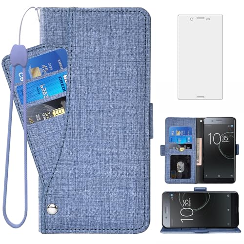 Asuwish Handyhülle für Sony Xperia XZ Premium G8141 Hülle mit Folie Schutzfolie und Kartenfach Klappbar Geldbörse Ständer ZX Handyhüllen Schutzglas Panzerfolie Handy Hüllen Schutzhülle Phone Case Blau von Asuwish