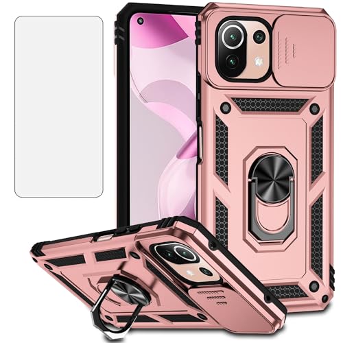 Asuwish Handyhülle für Xiaomi Mi 11 Lite 4G/5G NE Hülle mit Glas Folie Panzerfolie Schutzfolie Kameraschutz Schieber und Magnetisch Ring Ständer Mi11Lite M11 11Lite Slim Hüllen Phone Case Rosegold von Asuwish