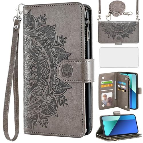 Asuwish Handyhülle für Xiaomi Redmi Note 13 4G Hülle mit Band und Folie Schutzfolie Kartenfach Klappbar Leder Blumen Geldbörse Ständer Note13 4Ghülle Wallet Handy Hüllen Schutzhülle Phone Case Grau von Asuwish