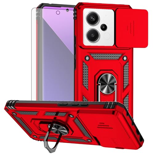 Asuwish Handyhülle für Xiaomi Redmi Note 13 Pro 5G/Poco X6 Hülle mit Glas Folie Panzerfolie Schutzfolie Kameraschutz Schieber und Magnetisch Ring Ständer 13Pro Pro5G 6X Slim Handy Hüllen Case Rot von Asuwish