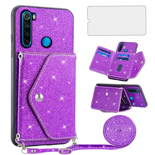 Asuwish Handyhülle für Xiaomi Redmi Note 8 Hülle mit Band und Folie Schutzfolie Kartenfach Klappbar Glitzer Leder Geldbörse Ständer Note8 M1908C3JGG Handy Hüllen Schutzhülle Phone Case Dunkellila von Asuwish