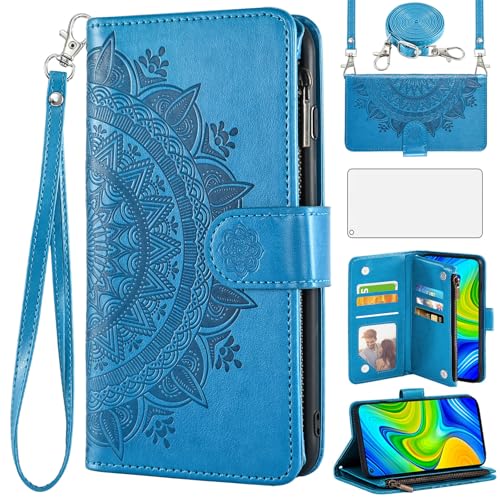 Asuwish Handyhülle für Xiaomi Redmi Note 9 / Redmi 10X 4G, Brieftaschen-Klapphülle mit gehärtetem Glas Displayschutzfolie und Mandala-Blume, Kartenhalter, Handyzubehör, Redme Note9/X10, für Damen und von Asuwish