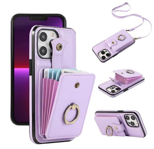 Asuwish Handyhülle für iPhone 13 Pro Max Hülle mit Band Handykette,Ring Ständer Kartenfach Geldbörse Leder Cover Klapphülle i 13Pro ProMax MaxHülle Handy Hüllen Schutzhülle Damen Phone Case Lila von Asuwish