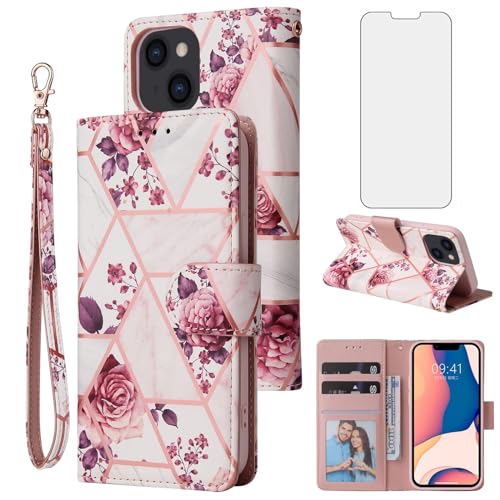 Asuwish Handyhülle für iPhone 14 Plus Hülle mit Folie Schutzfolie und Kartenfach Klappbar Leder Geldbörse Ständer i-Phone 14+ i 14Plus iPhone14Plus + Handy Hüllen Marmor Schutzhülle Phone Case Rosa von Asuwish