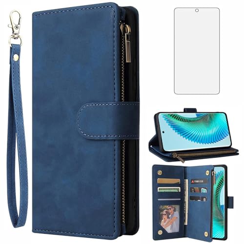 Asuwish Kompatibel mit Huawei Honor Magic 6 Lite 5G/X9b Wallet Case gehärtetes Glas Displayschutzfolie und Leder Flip Cover Kartenhalter Handyzubehör TPU Handyhüllen für Magic6Lite Damen Herren Blau von Asuwish