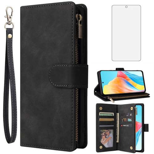 Asuwish Kompatibel mit OPPO A58 5G/A78 5G/A58X/A1X, Brieftaschen-Hülle, gehärtetes Glas, Displayschutzfolie und Leder-Klapph-Cover, Kartenhalter, Ständer, Handyhüllen für A 78 CPH2483, für Damen und von Asuwish