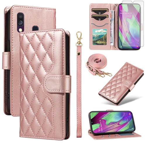 Asuwish Schutzhülle für Samsung Galaxy A40, Brieftaschen-Schutzhülle mit gehärtetem Glas, Displayschutzfolie und Handschlaufe, Schlüsselband, Kartenhalter, Standfunktion, Handyzubehör, Flip-Geldbörse, von Asuwish