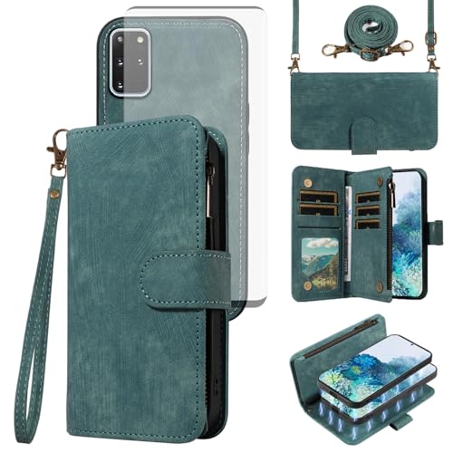 Handyhülle für Samsung Galaxy S20 Plus S20+ 5G, Reißverschluss, Brieftasche, abnehmbare magnetische Abdeckung mit gehärtetem Glas, Displayschutzfolie, Umhängeband, Kartenhalter, Schlitz, S20 + 5G, S20 von Asuwish