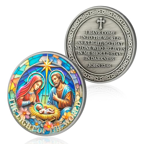 Sohn Gottes Christliche Challenge Coin Geburt Jesu Bibelmünze Johannes 12:46 Jesus Gott Christliche Gebetsmünze Kunst Taschenbibelverse Jesus Religiöse Geschenke für Männer Frauen von AtSKnSK