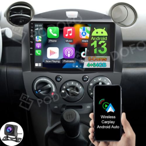 Aublinto Car Stereo Android 13 Kompatibel für Mazda 2 2007-2013-4+64GB 4CORE 9 Zoll Carplay Car Stereo GPS Navi DSP mit WiFi/EQ/GPS/Mirror Link / 28 UI/FM RDS + AHD Rückfahrkamera & Mikrofon von Aublinto