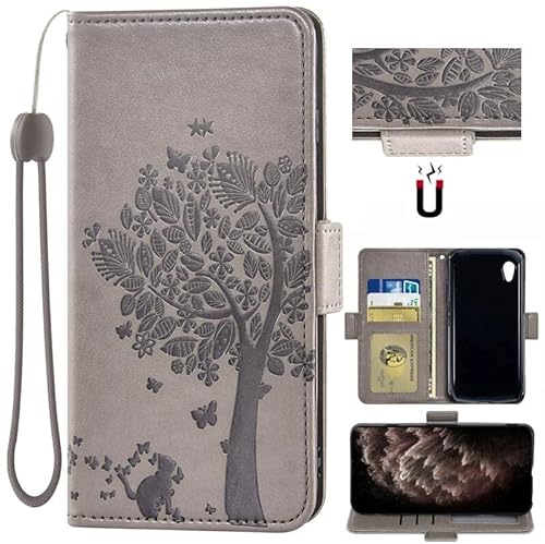 Auotu PU Leder Flip Brieftasche Handyhülle Lederhülle Cover Tasche Case Hülle Etui für Cubot Pocket 3 (4.5") Smartphone (Grau mit Baum Pattern) von Auotu