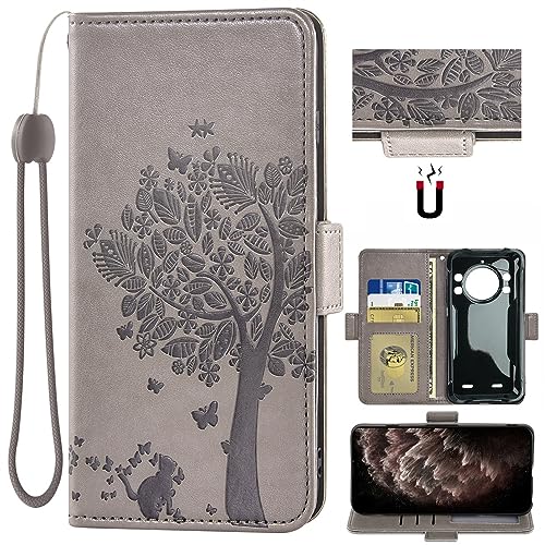 Auotu PU Leder Flip Mit Kamera Schutz Brieftasche Handyhülle Lederhülle Cover Tasche Case Hülle Etui für CUBOT Kingkong 9 Smartphone (Grau mit Baum Pattern) von Auotu