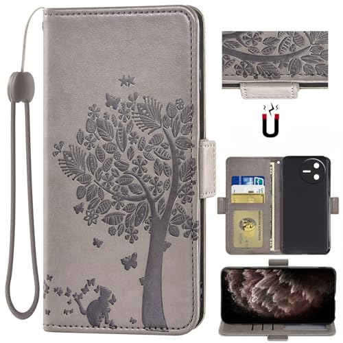 Auotu PU Leder Flip Mit Kamera Schutz Brieftasche Handyhülle Lederhülle Cover Tasche Case Hülle Etui für Oscal Tiger 12 Tiger12 Smartphone (Grau mit Baum Pattern) von Auotu