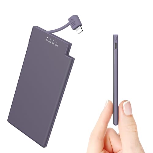 Auskang 5000mAh Ultra Slim Powerbank mit Kabel [Kompatibel mit iPhone außer iPhone 15 Serie] Ultradünn 0,68 cm Tragbares Ladegerät Ultra-dünn und leicht Externe Akku Power Pack- Violett von Auskang