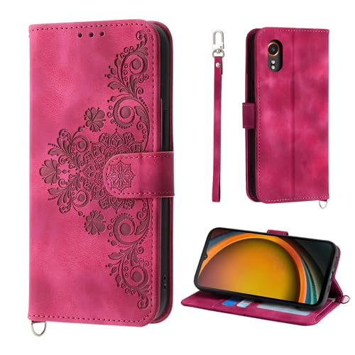 Auslbin Blumen Hülle Kompatibel mit Samsung Galaxy Xcover 7 6.6" Tasche, 5 Kartenfächer Handyhülle Vintage-Stil PU-Leder Flip Schutzhülle für Samsung Galaxy Xcover 7 SM-G556B, Rot von Auslbin