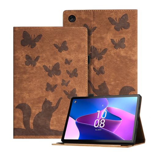 Auslbin Geprägte Lenovo Tab M10 3rd Gen Hülle (2022) 10.1", Schmetterlings und Katzen Themen Retro PU Leder Tablet Hülle für Lenovo Tab M10 Gen 3 (2022) 10.1", Braun von Auslbin