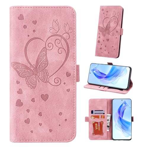 Auslbin Hülle für Honor 90 Lite 5G 6.7" 2023 Tasche, Schmetterlings PU-Leder Schutzhülle Flip Handyhülle mit Armband für Honor 90 Lite 5G, Rosa von Auslbin