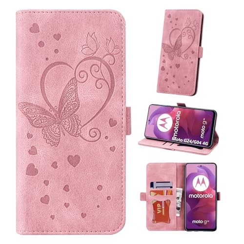 Auslbin Hülle für Motorola Moto G24 /G04 4G 6.5 2024 Tasche, Schmetterlings PU-Leder Schutzhülle Flip Handyhülle mit Armband für Moto G24 /G04 4G, Rosa von Auslbin