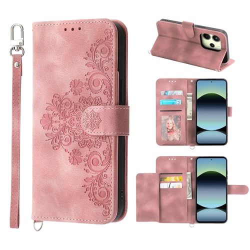 Auslbin Hülle für Redmi Note 14 4G 6.67 Blumen Tasche, 5 Kartenfächer Handyhülle für Xiaomi Redmi Note 14 4G Vintage-Stil PU-Leder Flip Schutzhülle, Rosa von Auslbin