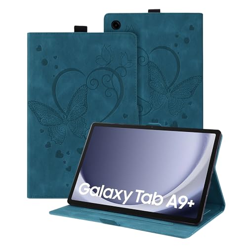 Auslbin Hülle für Samsung Galaxy Tab A9 + / A9 Plus 11" 2023, PU-Leder mit Schmetterlingsprägung, mit Standfunktion und Stifthalter für Tab A9 +/SM-X210/SM-X215, Blauer Schmetterling von Auslbin