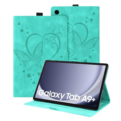 Auslbin Hülle für Samsung Galaxy Tab A9 + / A9 Plus 11" 2023, PU-Leder mit Schmetterlingsprägung, mit Standfunktion und Stifthalter für Tab A9 +/SM-X210/SM-X215, Grüner Schmetterling von Auslbin