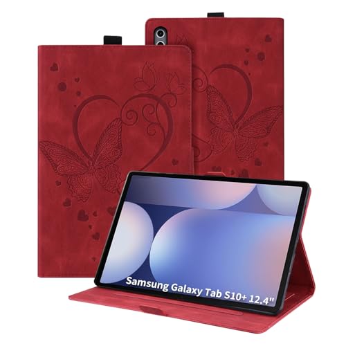 Auslbin Hülle für Samsung Galaxy Tab S10 Plus 12.4, Schutzhülle PU-Leder mit Schmetter Lingsprägung, Mit magnetischer Saugschnalle und Stifthalter für Tab S10/S9 Plus/SM-X820 Tasche, Rot von Auslbin