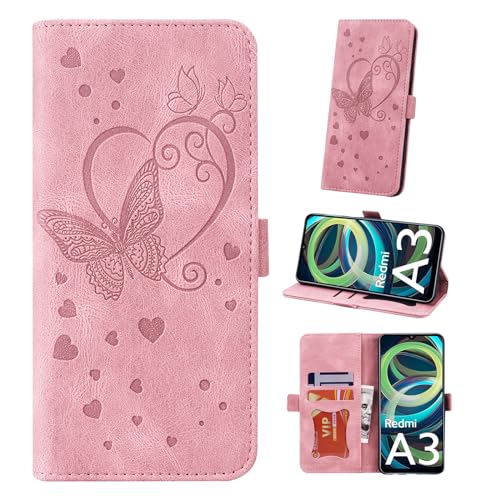 Auslbin Hülle für Xiaomi Redmi A3 4G 6.71" Tasche, Schmetterlings PU-Leder Schutzhülle Flip Handyhülle mit Armband für Xiaomi Redmi A3 4G, Rosa von Auslbin