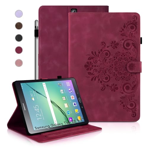 Auslbin Samsung Galaxy Tab S2 Hülle 9.7 (2015), Retro Tab S2 9.7 SM-T810/T813 Schutzhüllen im einfarbig, geprägten Stil, magnetisches Schnallen Design, Standfunktion, Rot von Auslbin