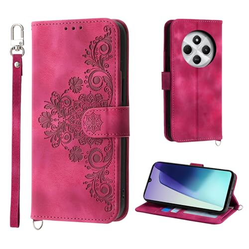 Auslbin Xiaomi 14C Hülle/Poco C75 Handyhülle Mit 5 Kartenfächer Blumen Vintage-Stil PU-Leder Redmi 14C Hülle mit Magnetschnalle, Rot von Auslbin