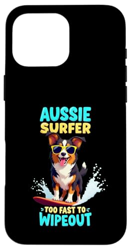 Cooler Australian Shepherd Surfing Dog Hülle für iPhone 16 Pro Max von Australian Shepherd Fun Designs