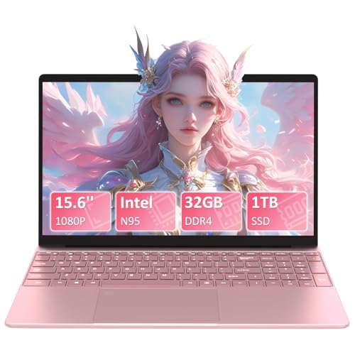 Auusda 15,6 Zoll Full-HD Laptop, 32 GB DDR4 RAM 1TB SSD, N95 Up to 3.4GHz with Fingerprint Unlock Notebook, Cooling Fan, Webcam, Dual Speakers, Mini HDMI, Student/Business Laptop - Rosa von Auusda