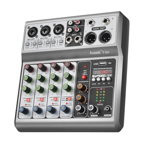 Aveek Professioneller Audio-Mixer, Soundboard-Mischpult mit 5-Kanal-Digital-USB-Bluetooth-Hall-Delay-Effekt, Eingang 48 V Phantomspeisung, Stereo-DJ-Mixer für Aufnahmen, Live-Streaming, Podcasting von Aveek