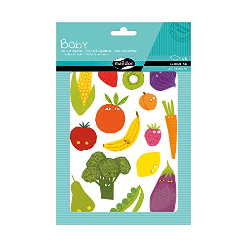 Maildor AE030O Baby Packung Stickers (mit 6 Bögen in Format DIN A5, 14, 8 x 21cm, ideal für Kinder ab 2 Jahren, Obst und Gemüse) 1 Pack von Maildor