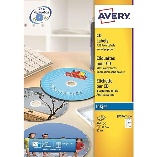 Avery Zweckform, J8676-100, CD-Etiketten, 100 Blatt, SuperSize-Spezialformat, bis 2880 dpi, schnell trocknend, spezielbeschichtet, ø 117 mm von Avery Dennsion Zweckform