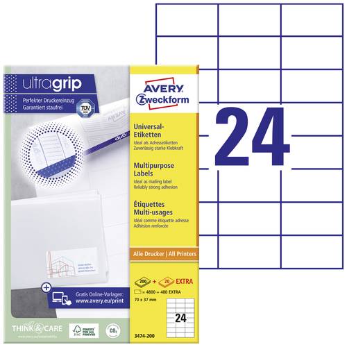 Avery-Zweckform 3474-200 Universal-Etiketten 70 x 37mm Papier Weiß 5280 St. Permanent haftend Farbl von Avery-Zweckform