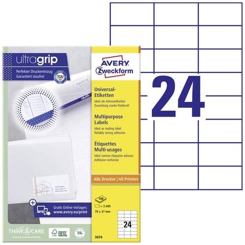 Avery-Zweckform 3474 Universal-Etiketten 70 x 37mm Papier Weiß 2400 St. Permanent haftend Tintenstr von Avery-Zweckform