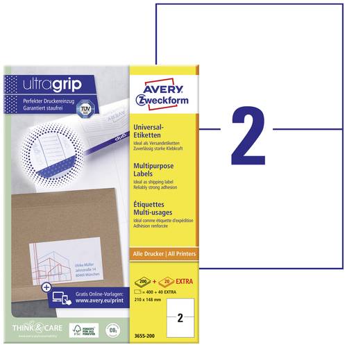 Avery-Zweckform 3655-200 Universal-Etiketten 210 x 148mm Papier Weiß 440 St. Permanent haftend Tint von Avery-Zweckform