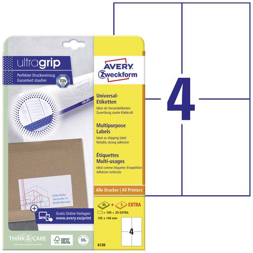 Avery-Zweckform 6120 Universal-Etiketten 105 x 148mm Papier Weiß 120 St. Permanent haftend Tintenst von Avery-Zweckform