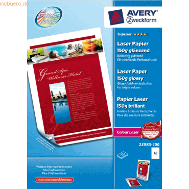 Avery Zweckform Fotopapier Laser A3 150g/qm hochglänzend VE=100 Blatt von Avery Zweckform