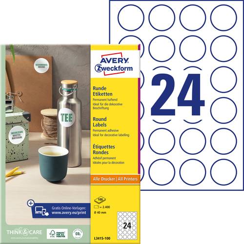 Avery-Zweckform L3415-100 Universal-Etiketten Ø 40mm Papier Weiß 2400 St. Permanent haftend Tinten von Avery-Zweckform