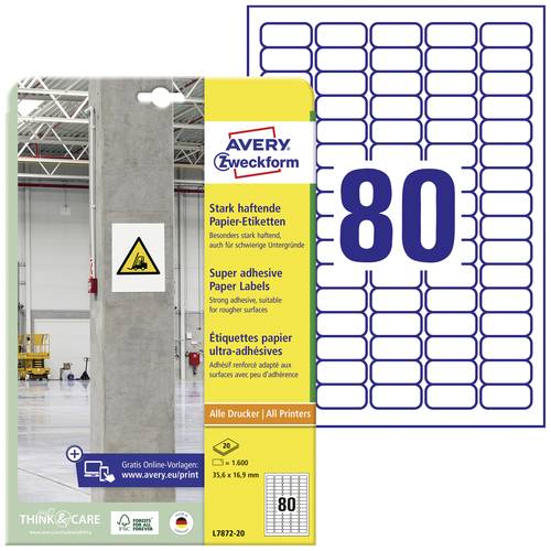 Avery-Zweckform L7872-20 Kraftkleber-Etiketten 35.6 x 16.9mm Papier Weiß 1600 St. Permanent haftend von Avery-Zweckform