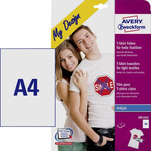 Avery-Zweckform My Design T-Shirt MD1001 Tintenstrahl Textilfolie DIN A4 für helle Textilien, Optim von Avery-Zweckform