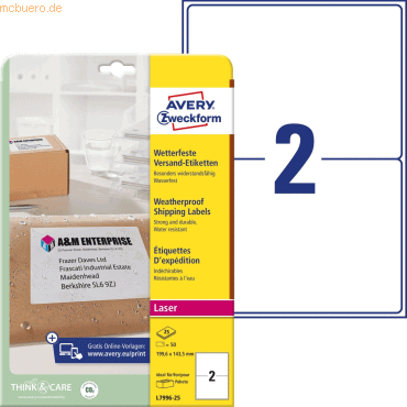 Avery Zweckform Versand-Etiketten 199,6x143,5 mm 25 Blatt/50 Etiketten von Avery Zweckform